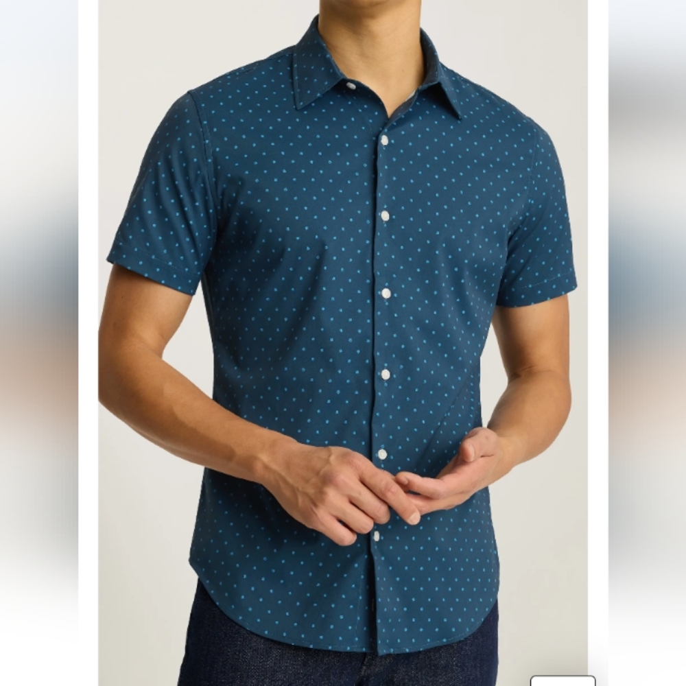 Bonobos Stretch Slim Fit Mens Button Front Dot Short Sleeve Shirt Size XL Blue